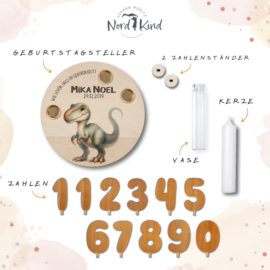 personalisierter Kerzenteller mit Kerze, Vase und Zahlen (Dino 3)