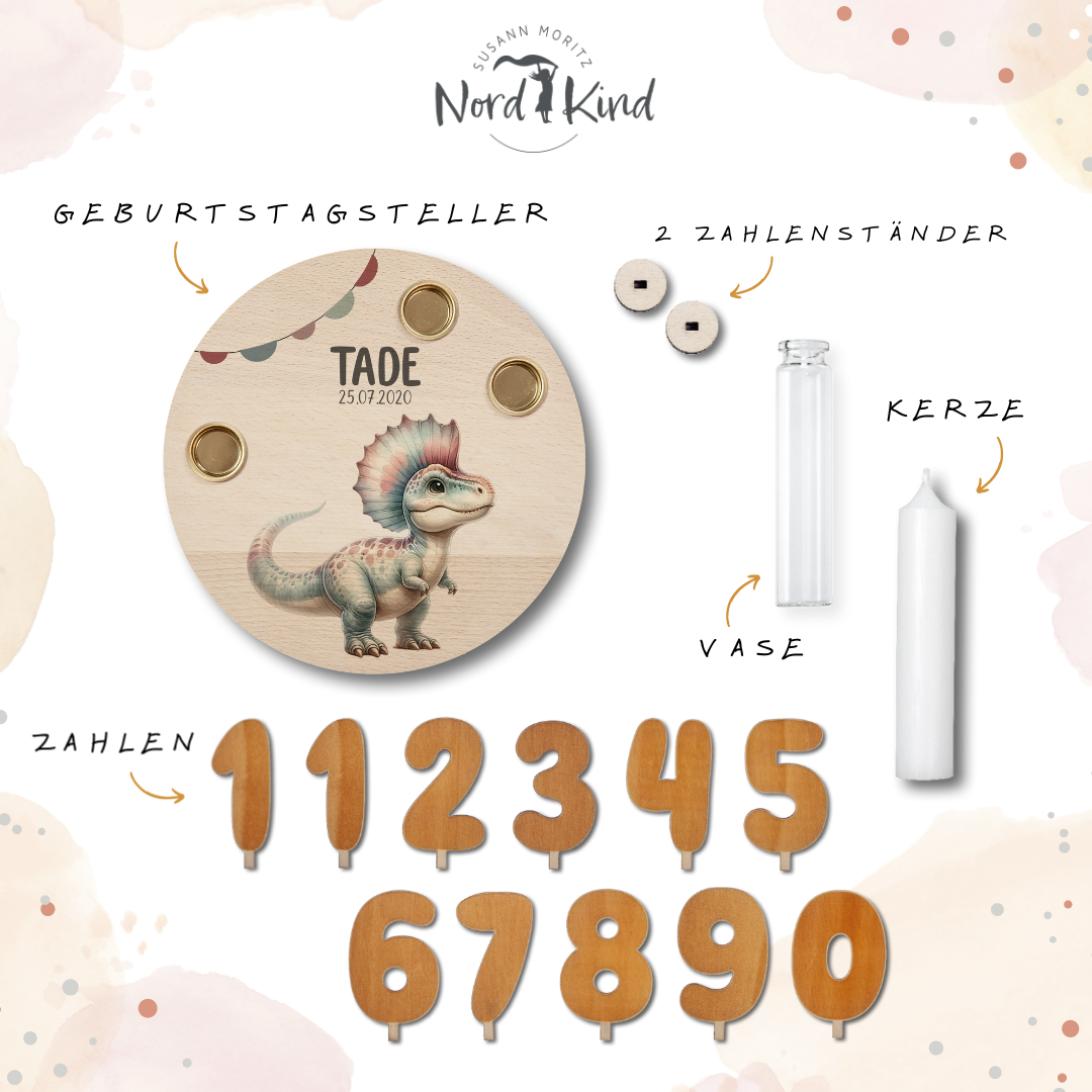 personalisierter Kerzenteller mit Kerze, Vase und Zahlen (Dino 5)