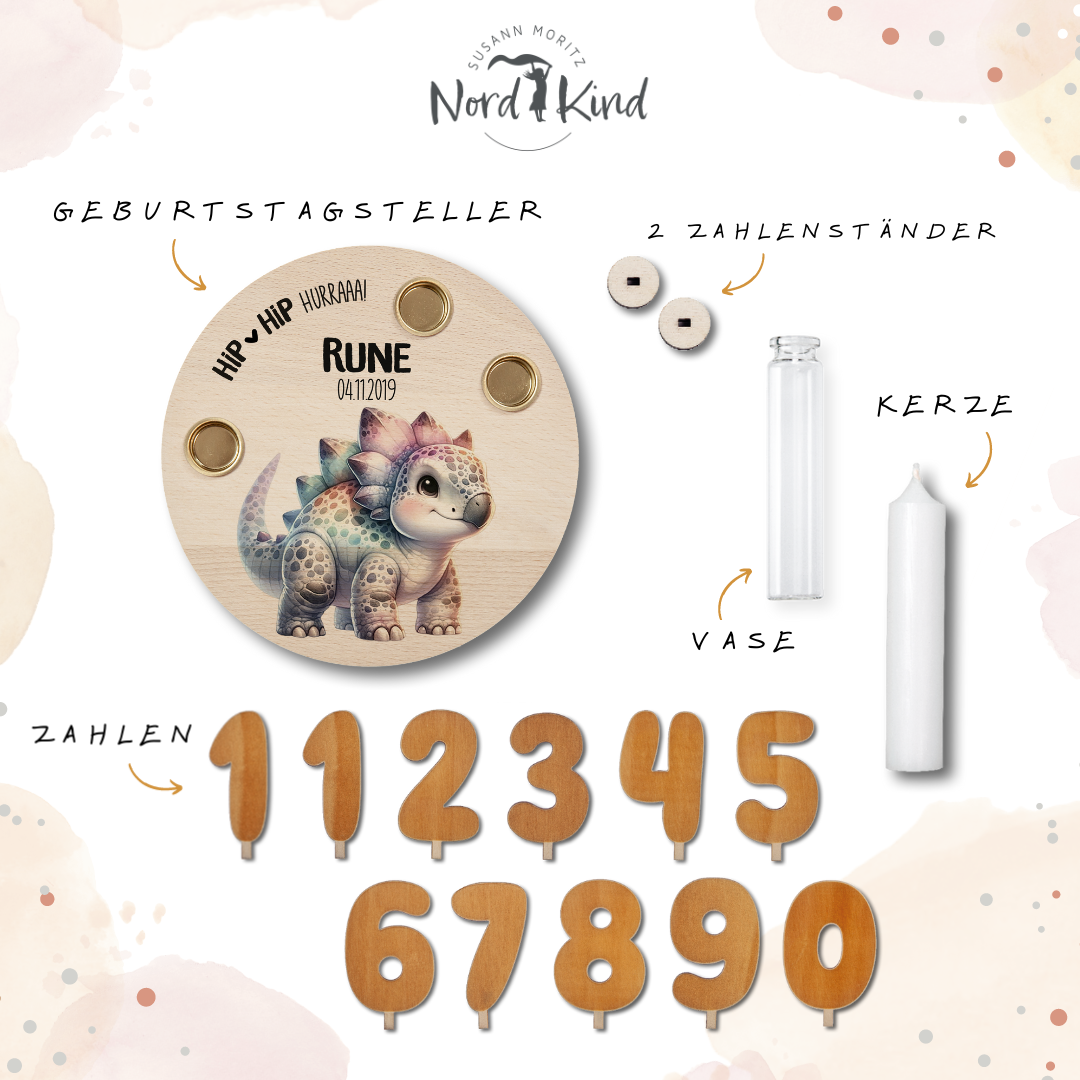 personalisierter Kerzenteller mit Kerze, Vase und Zahlen (Dino 6)