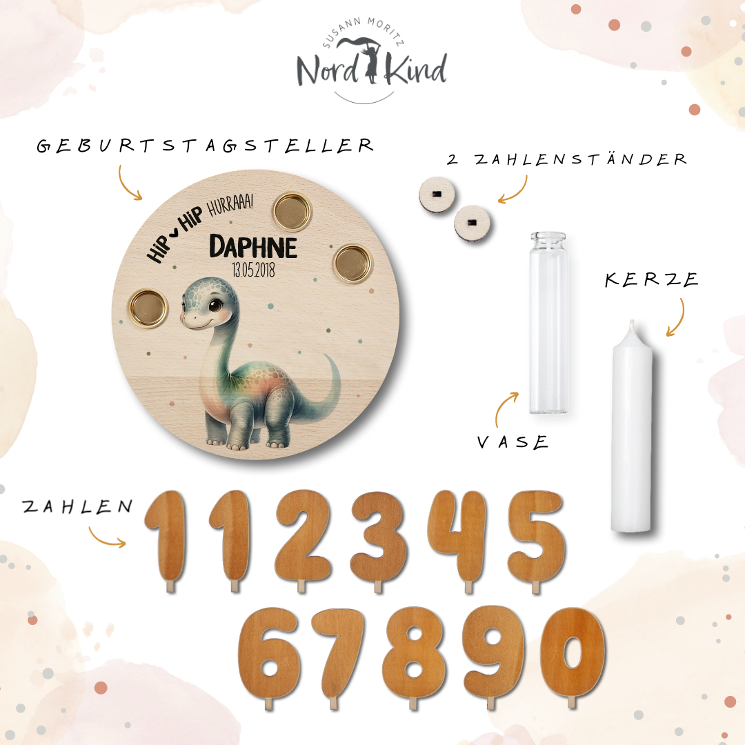 personalisierter Kerzenteller mit Kerze, Vase und Zahlen (Dino 7)