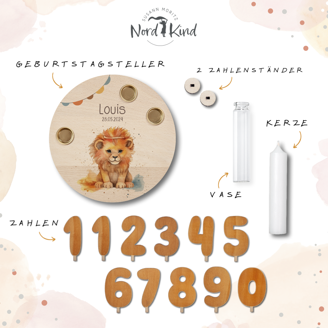 personalisierter Kerzenteller mit Kerze, Vase und Zahlen (Löwe 3)
