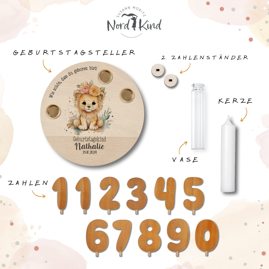 personalisierter Kerzenteller mit Kerze, Vase und Zahlen (Löwe 5)