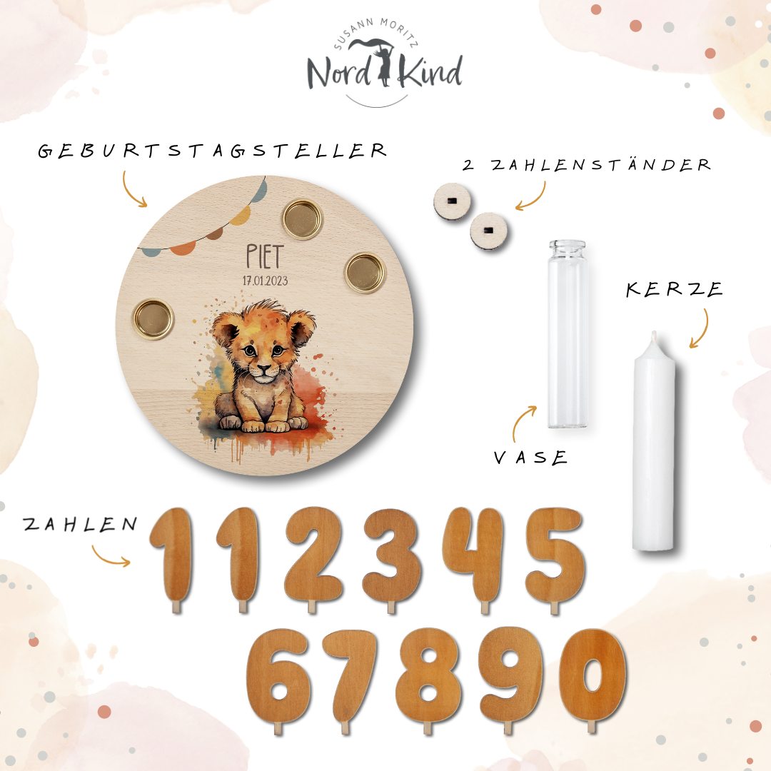 personalisierter Kerzenteller mit Kerze, Vase und Zahlen (Löwe 6)