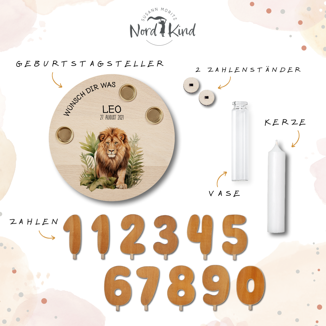 personalisierter Kerzenteller mit Kerze, Vase und Zahlen (Löwe 7)
