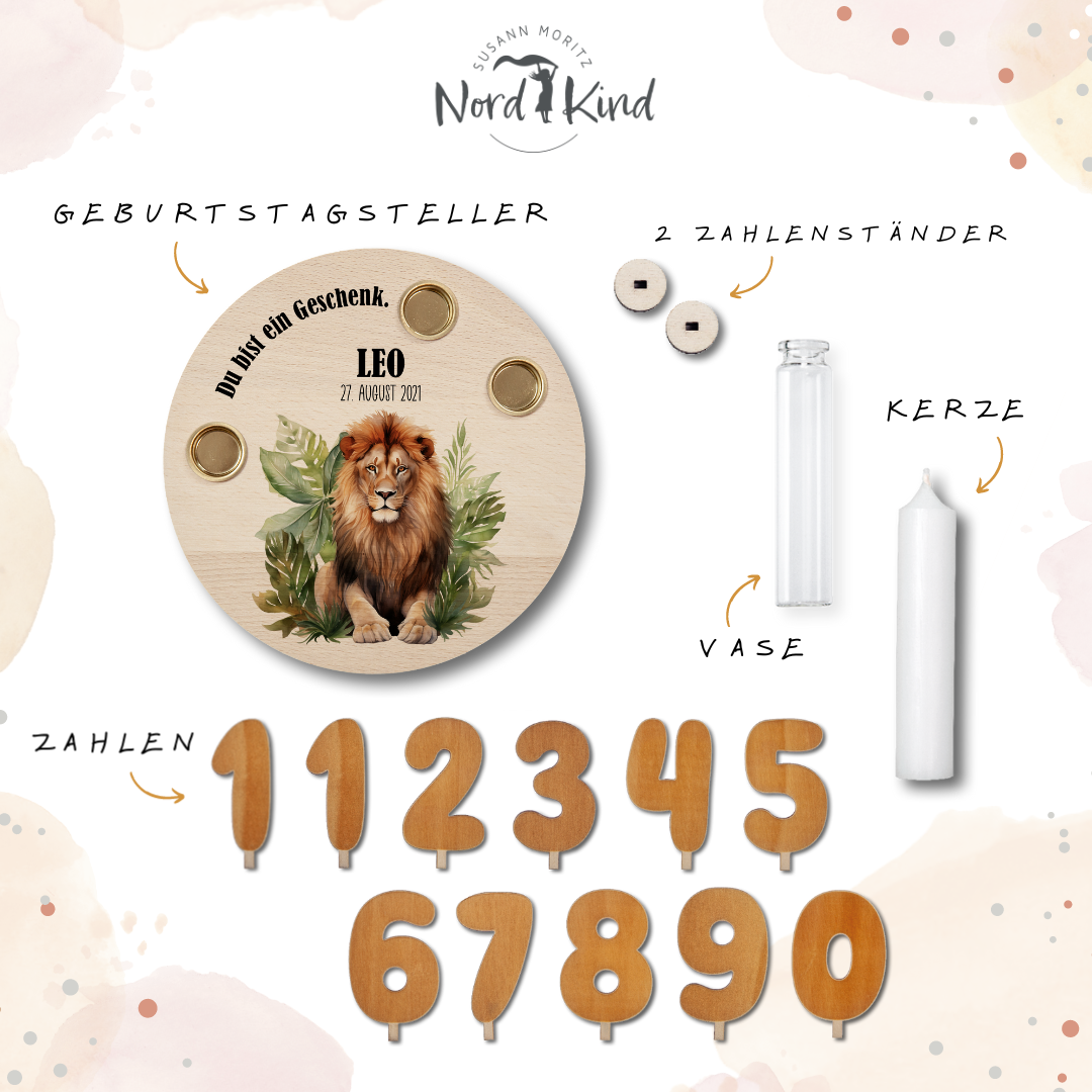 personalisierter Kerzenteller mit Kerze, Vase und Zahlen (Löwe 9)