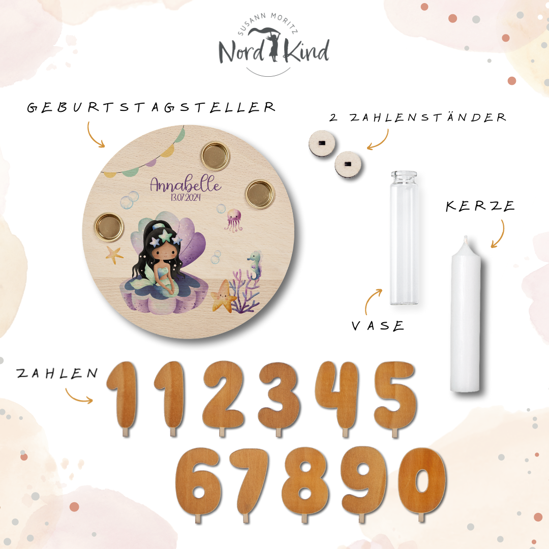 personalisierter Kerzenteller mit Kerze, Vase und Zahlen (Meerjungfrau 1)