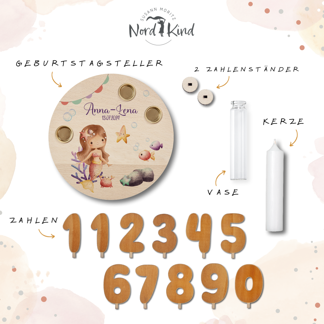 personalisierter Kerzenteller mit Kerze, Vase und Zahlen (Meerjungfrau 2)