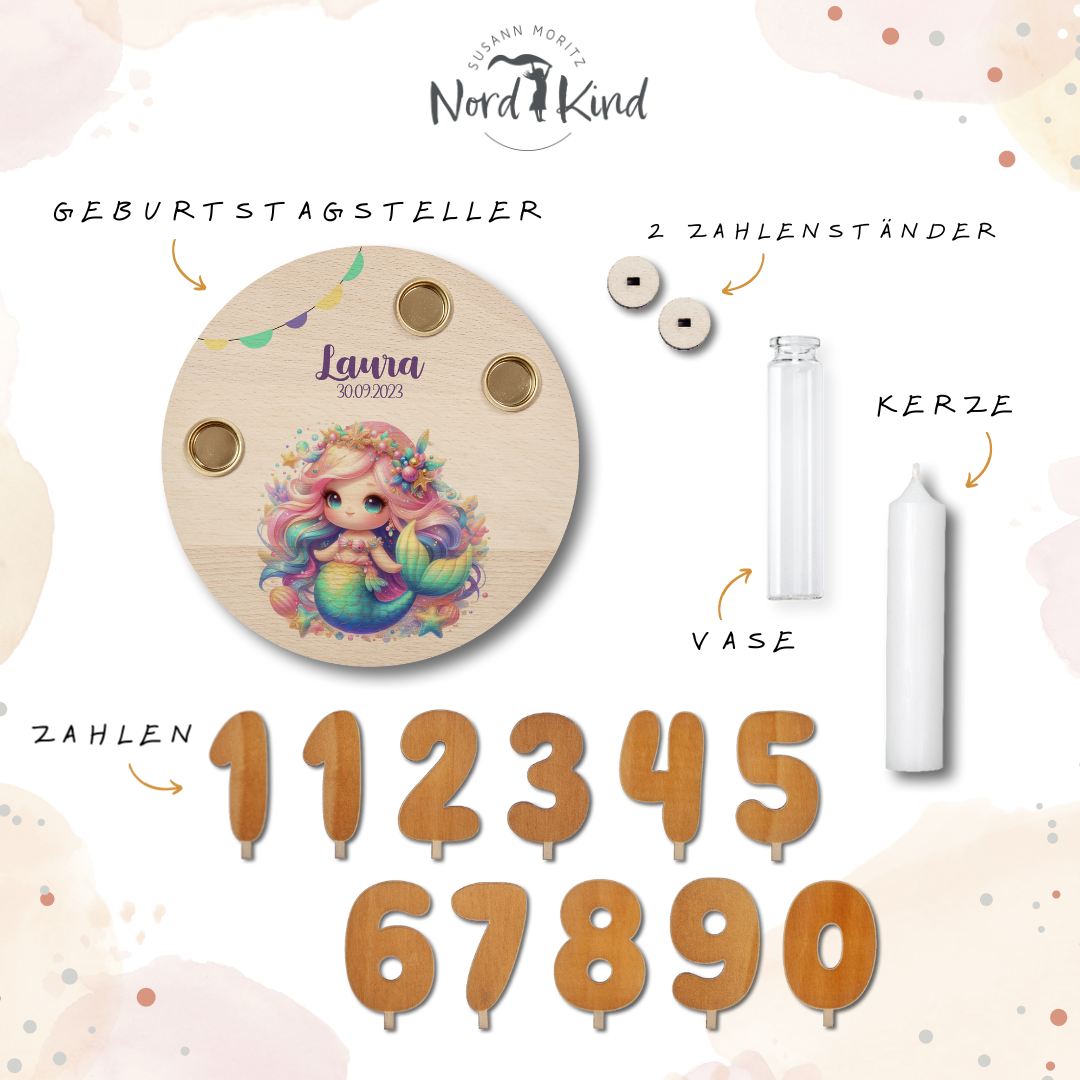 personalisierter Kerzenteller mit Kerze, Vase und Zahlen (Meerjungfrau 3)
