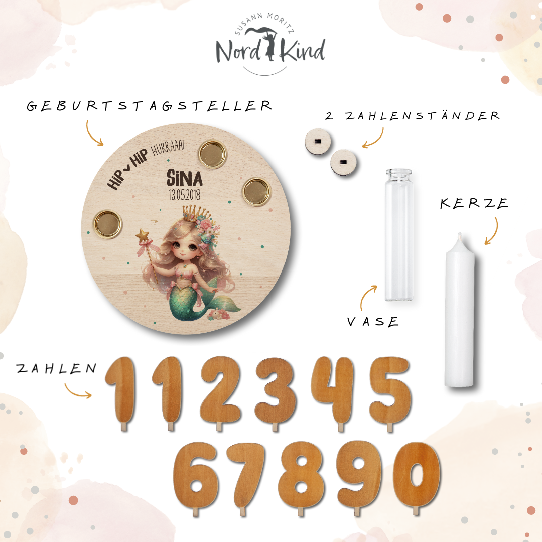 personalisierter Kerzenteller mit Kerze, Vase und Zahlen (Meerjungfrau 5)