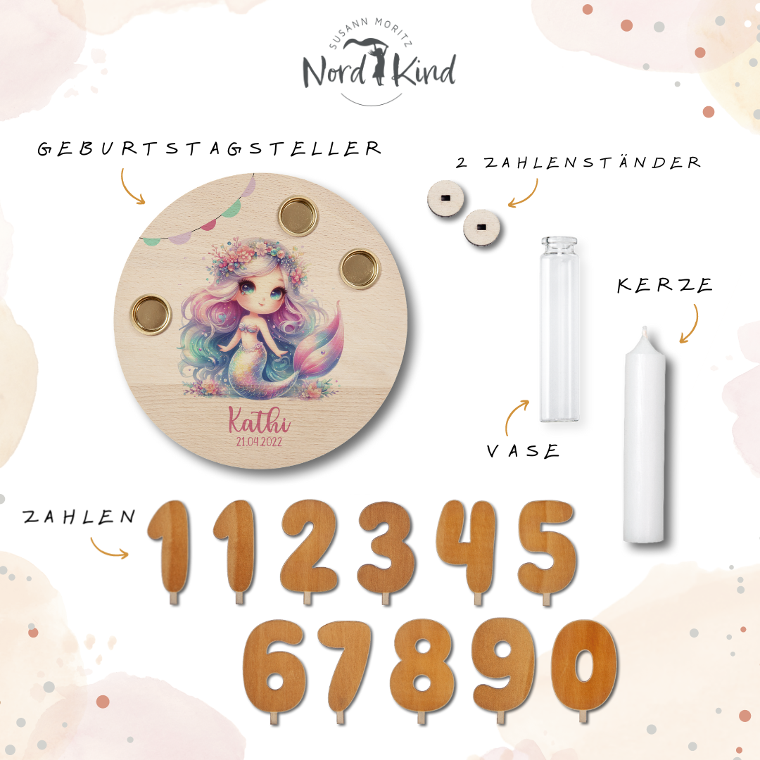personalisierter Kerzenteller mit Kerze, Vase und Zahlen (Meerjungfrau 6)