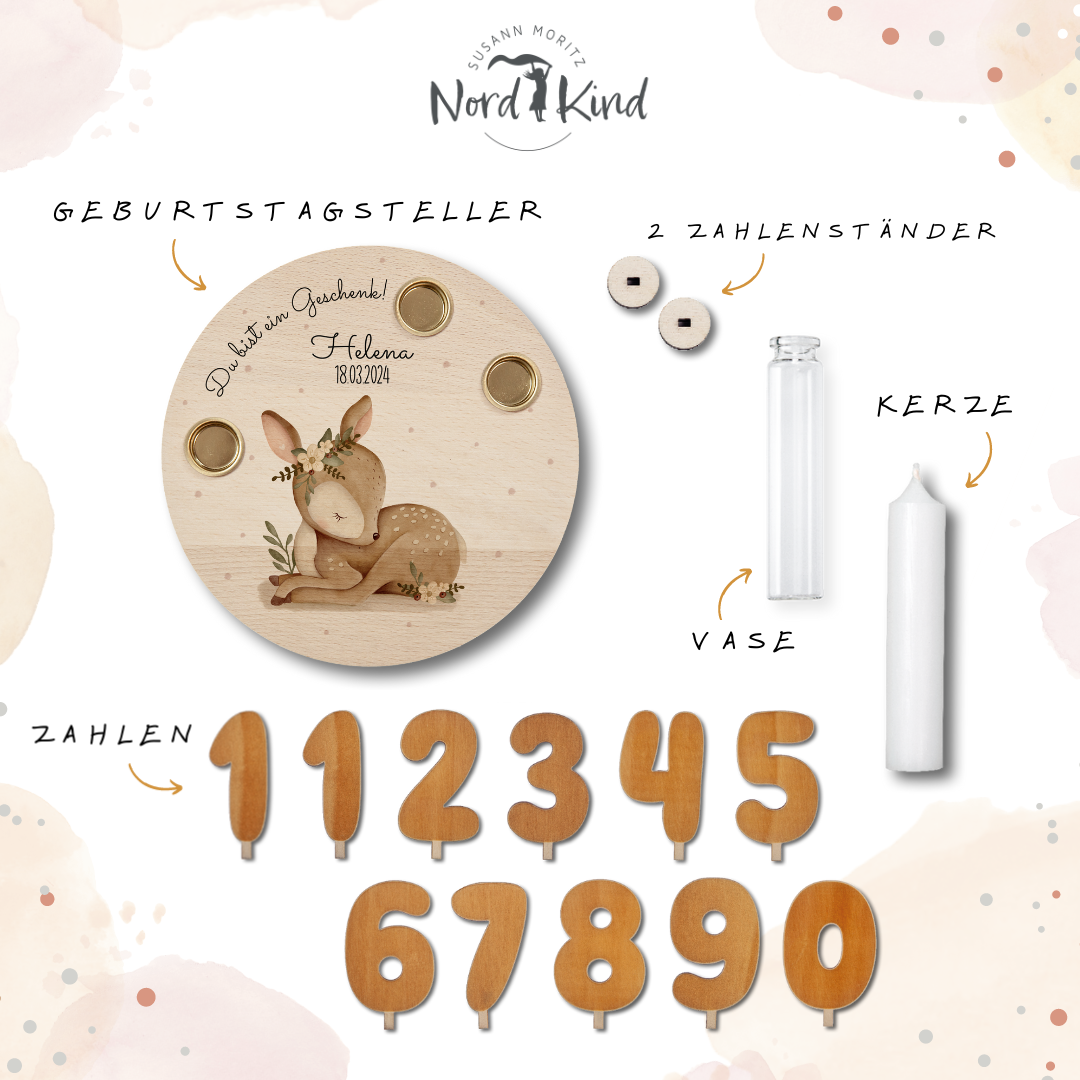 personalisierter Kerzenteller mit Kerze, Vase und Zahlen (Reh 2)