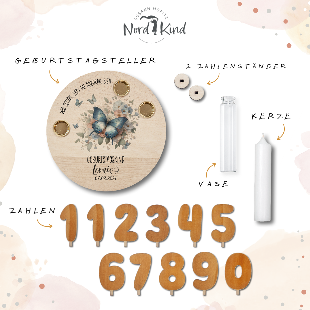 personalisierter Kerzenteller mit Kerze, Vase und Zahlen (Schmetterling 1)