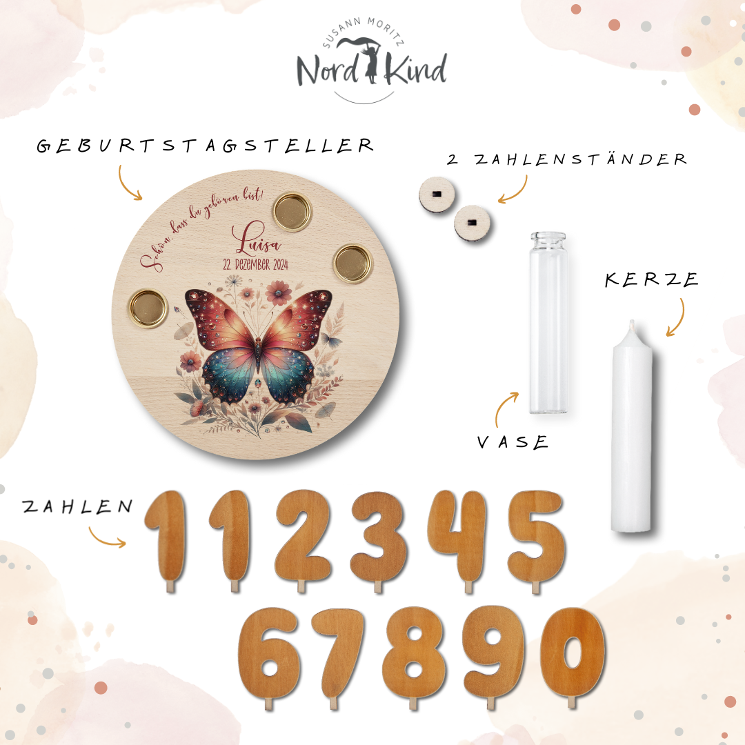 personalisierter Kerzenteller mit Kerze, Vase und Zahlen (Schmetterling 2)