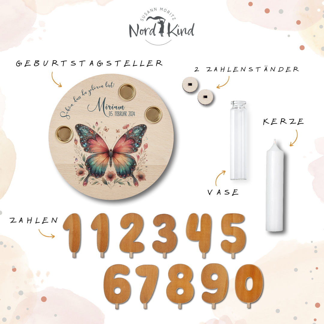personalisierter Kerzenteller mit Kerze, Vase und Zahlen (Schmetterling 3)