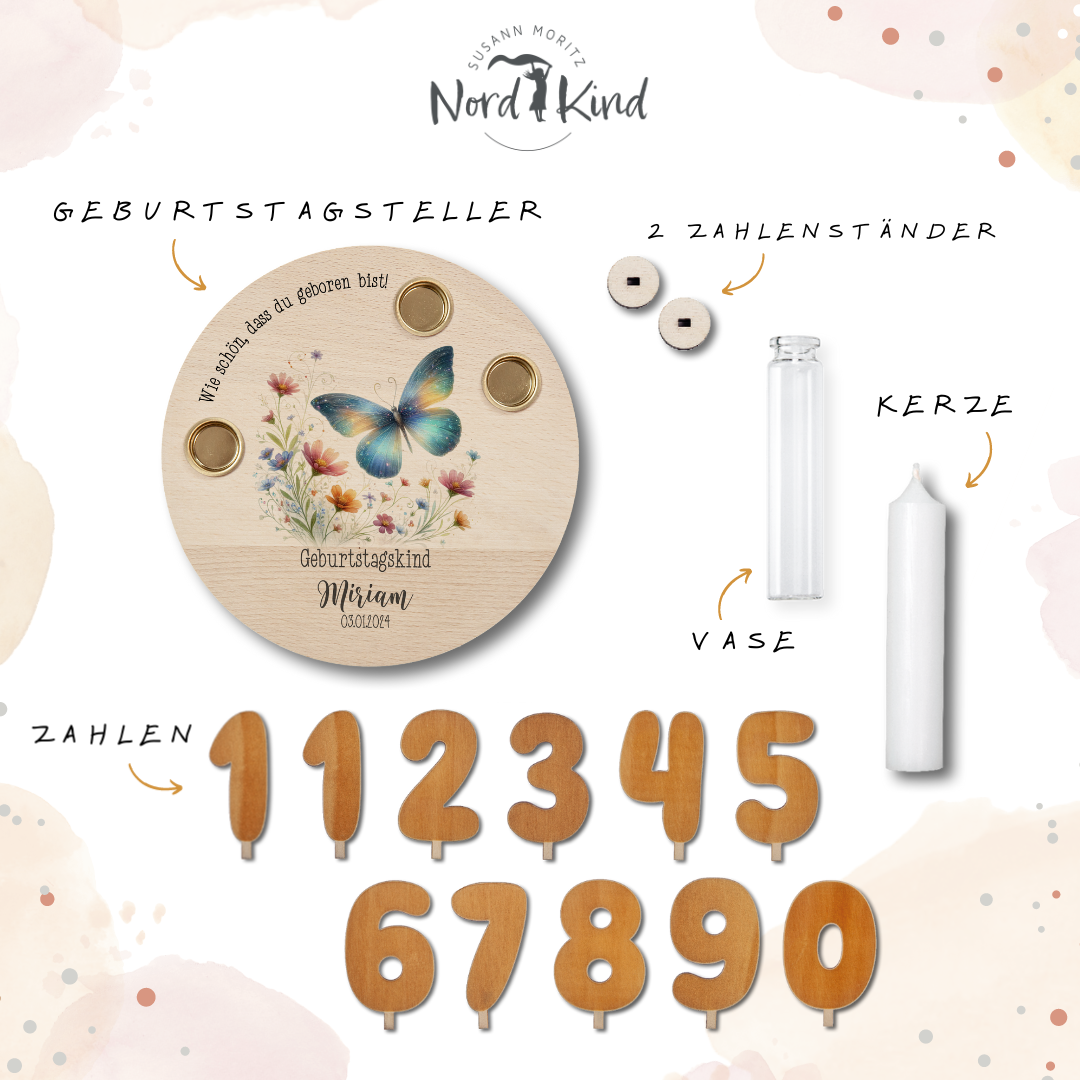 personalisierter Kerzenteller mit Kerze, Vase und Zahlen (Schmetterling 4)