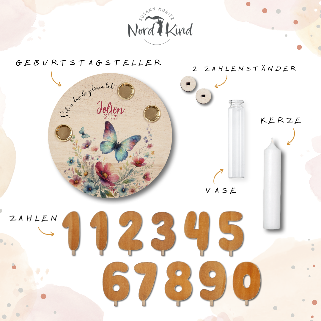 personalisierter Kerzenteller mit Kerze, Vase und Zahlen (Schmetterling 5)