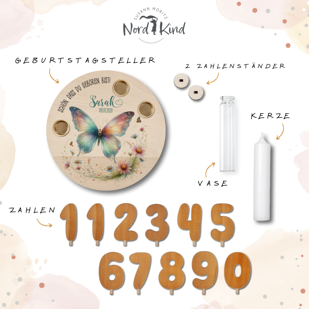 personalisierter Kerzenteller mit Kerze, Vase und Zahlen (Schmetterling 6)