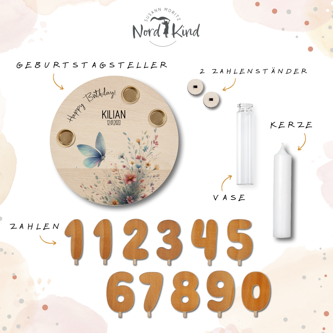 personalisierter Kerzenteller mit Kerze, Vase und Zahlen (Schmetterling 7)