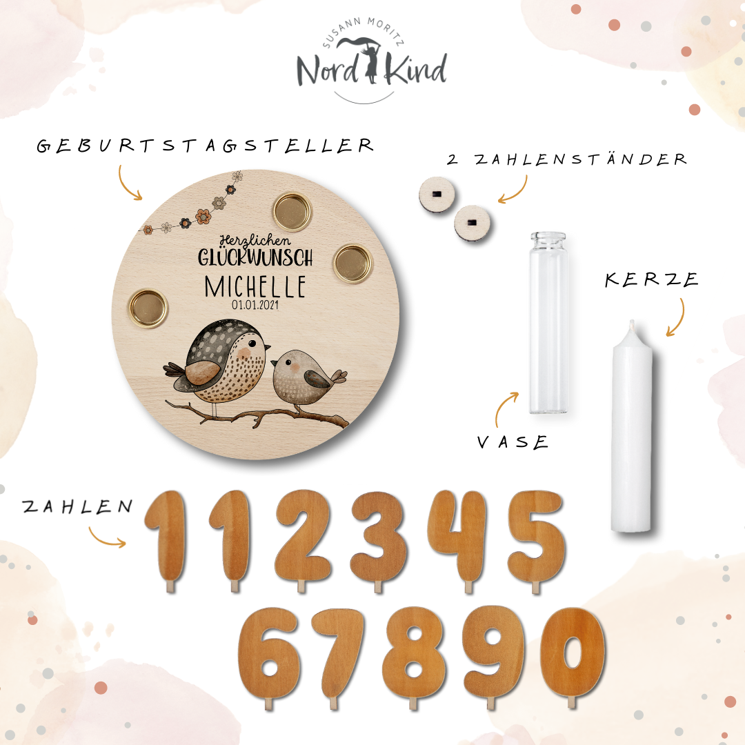 personalisierter Kerzenteller mit Kerze, Vase und Zahlen (Spatzen)