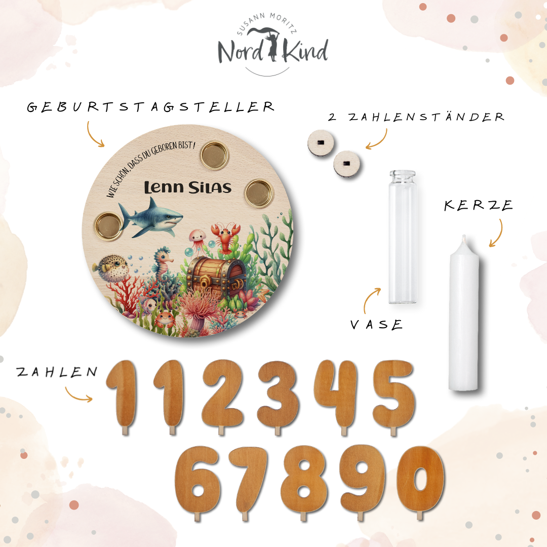 personalisierter Kerzenteller mit Kerze, Vase und Zahlen (Unterwasserwelt 1)
