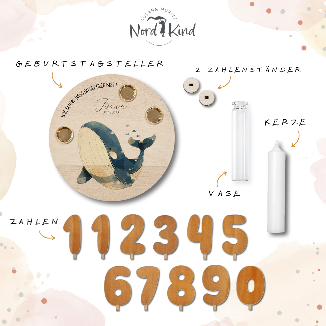 personalisierter Kerzenteller mit Kerze, Vase und Zahlen (Wal 1)