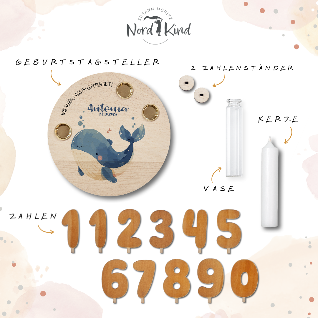 personalisierter Kerzenteller mit Kerze, Vase und Zahlen (Wal 2)