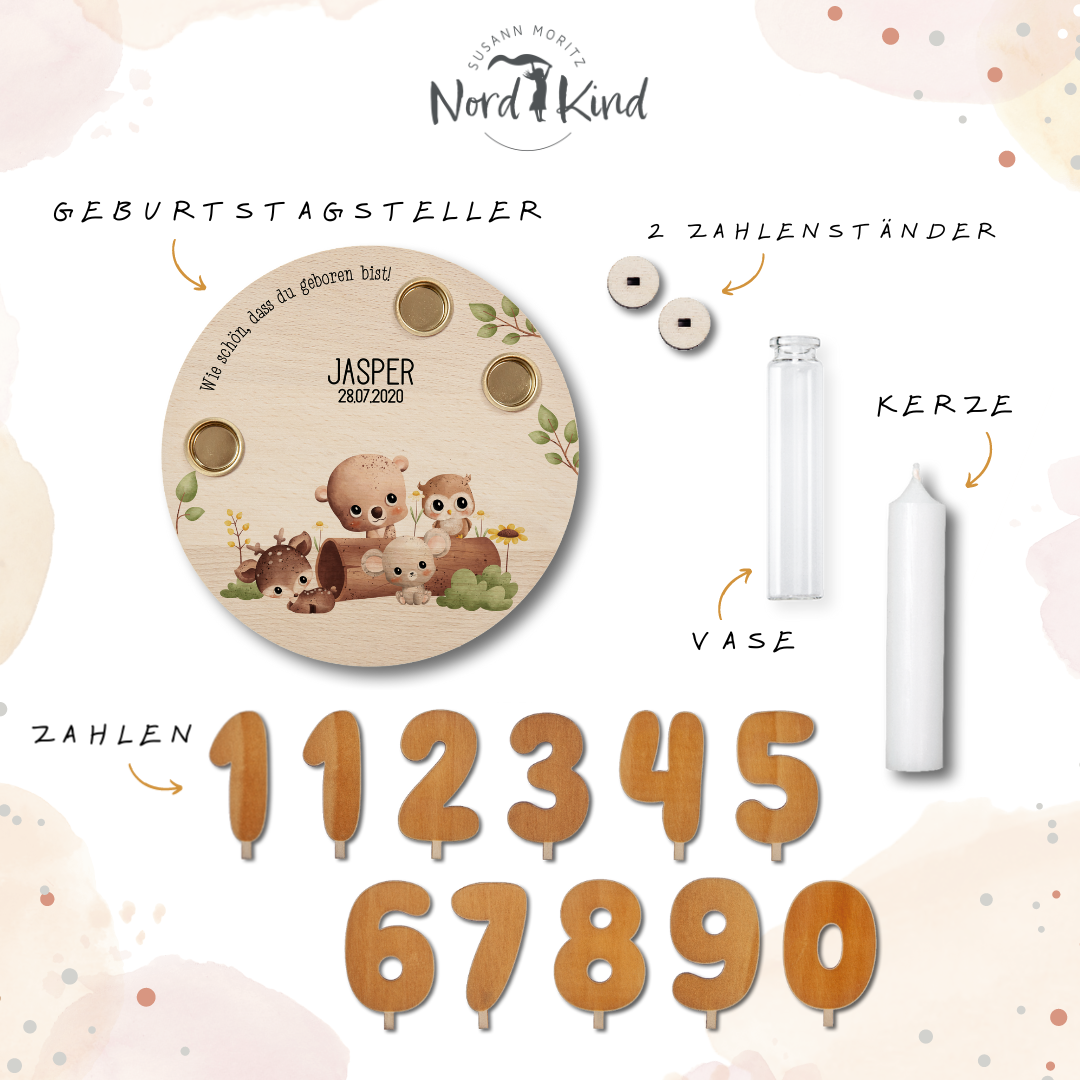 personalisierter Kerzenteller mit Kerze, Vase und Zahlen (Waldtiere 1)
