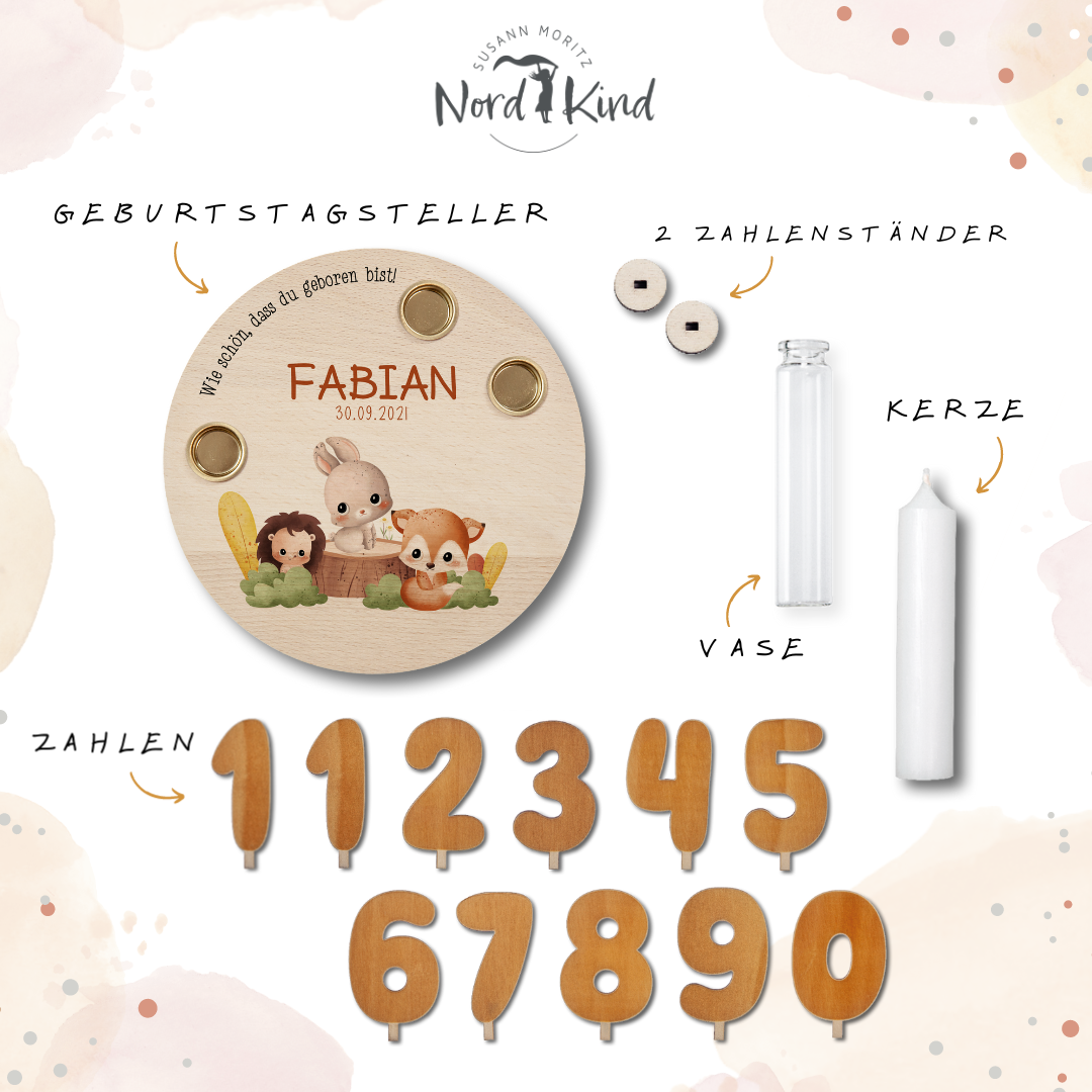 personalisierter Kerzenteller mit Kerze, Vase und Zahlen (Waldtiere 2)