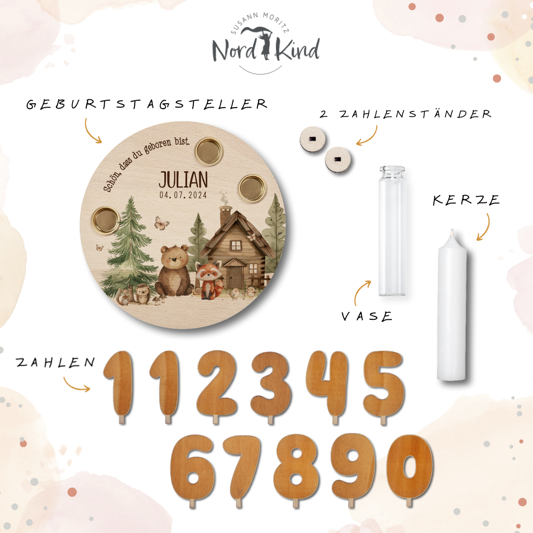 personalisierter Kerzenteller mit Kerze, Vase und Zahlen (Löwe 2)