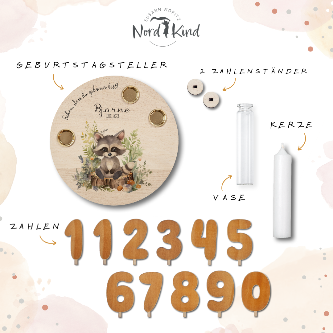 personalisierter Kerzenteller mit Kerze, Vase und Zahlen (Waschbär)