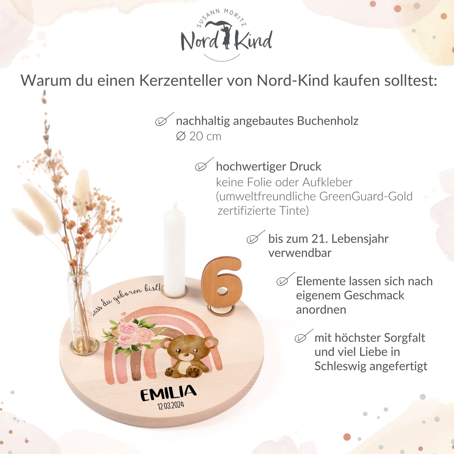 personalisierter Kerzenteller mit Kerze, Vase und Zahlen (Teddy 2)