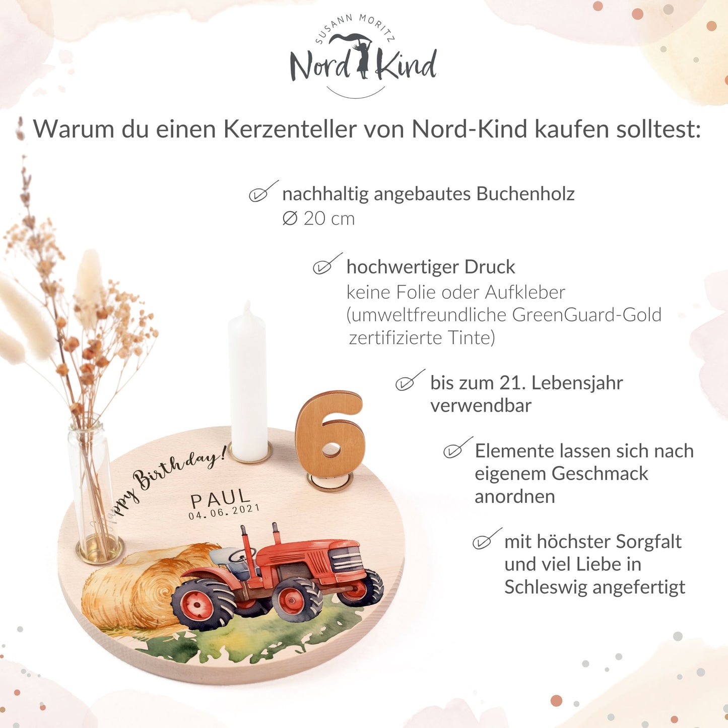 personalisierter Kerzenteller mit Kerze, Vase und Zahlen (Traktor)