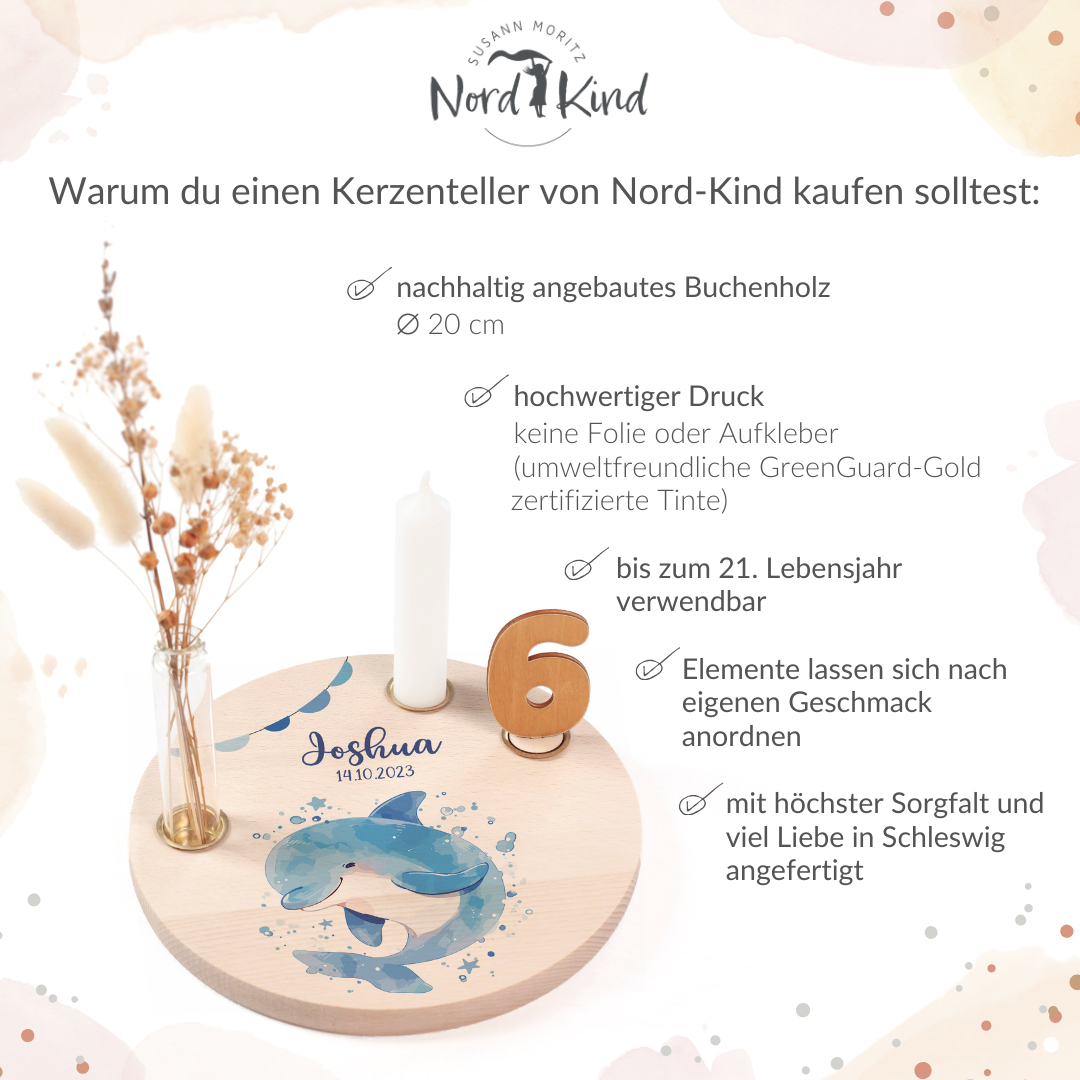 personalisierter Kerzenteller mit Kerze, Vase und Zahlen (Delfin 1)