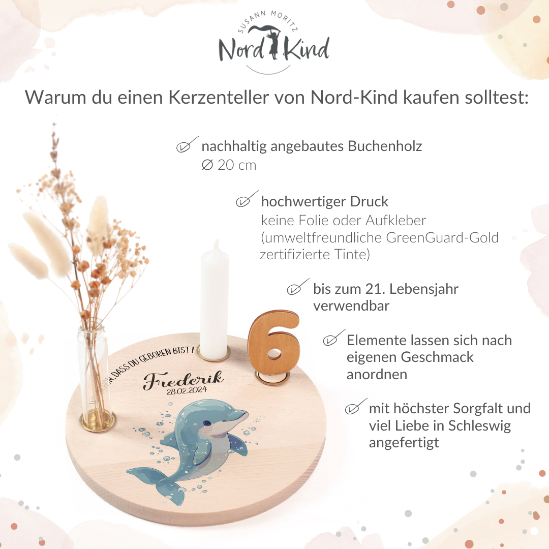 personalisierter Kerzenteller mit Kerze, Vase und Zahlen (Delfin 2)