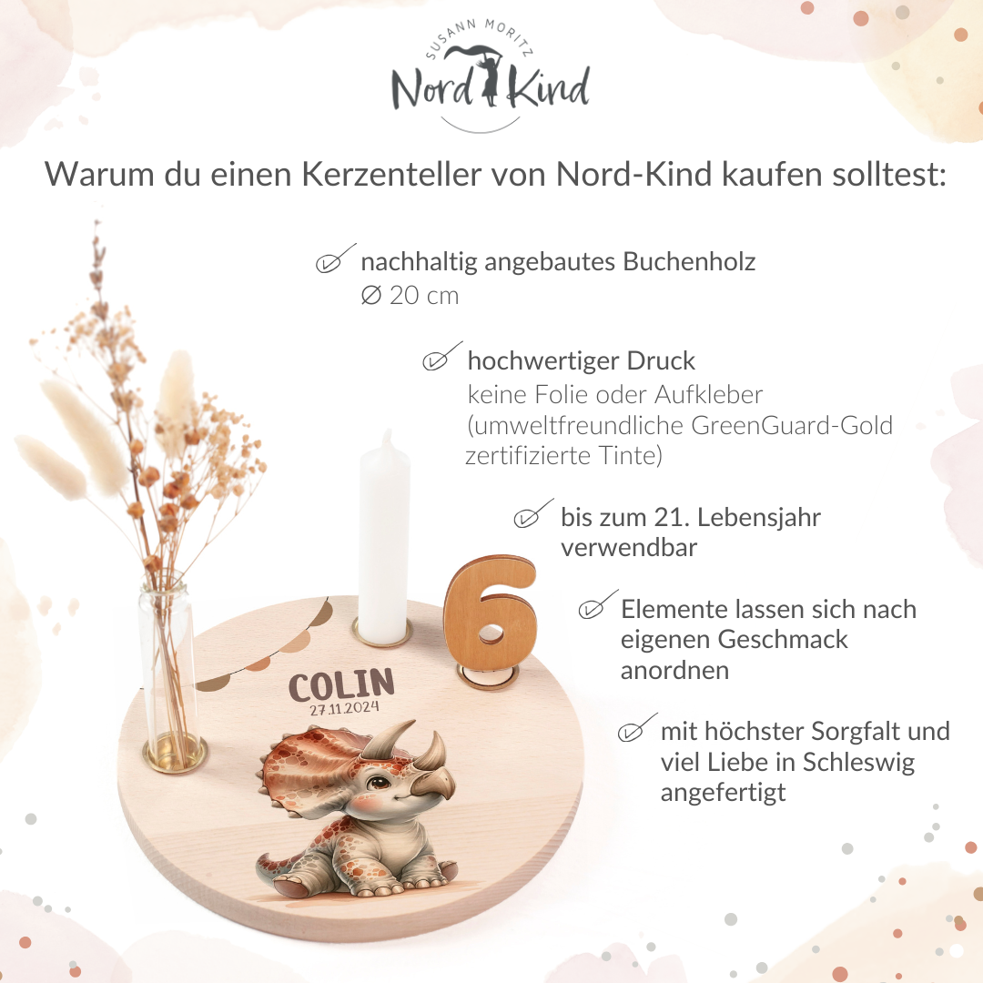 personalisierter Kerzenteller mit Kerze, Vase und Zahlen (Dino 1)