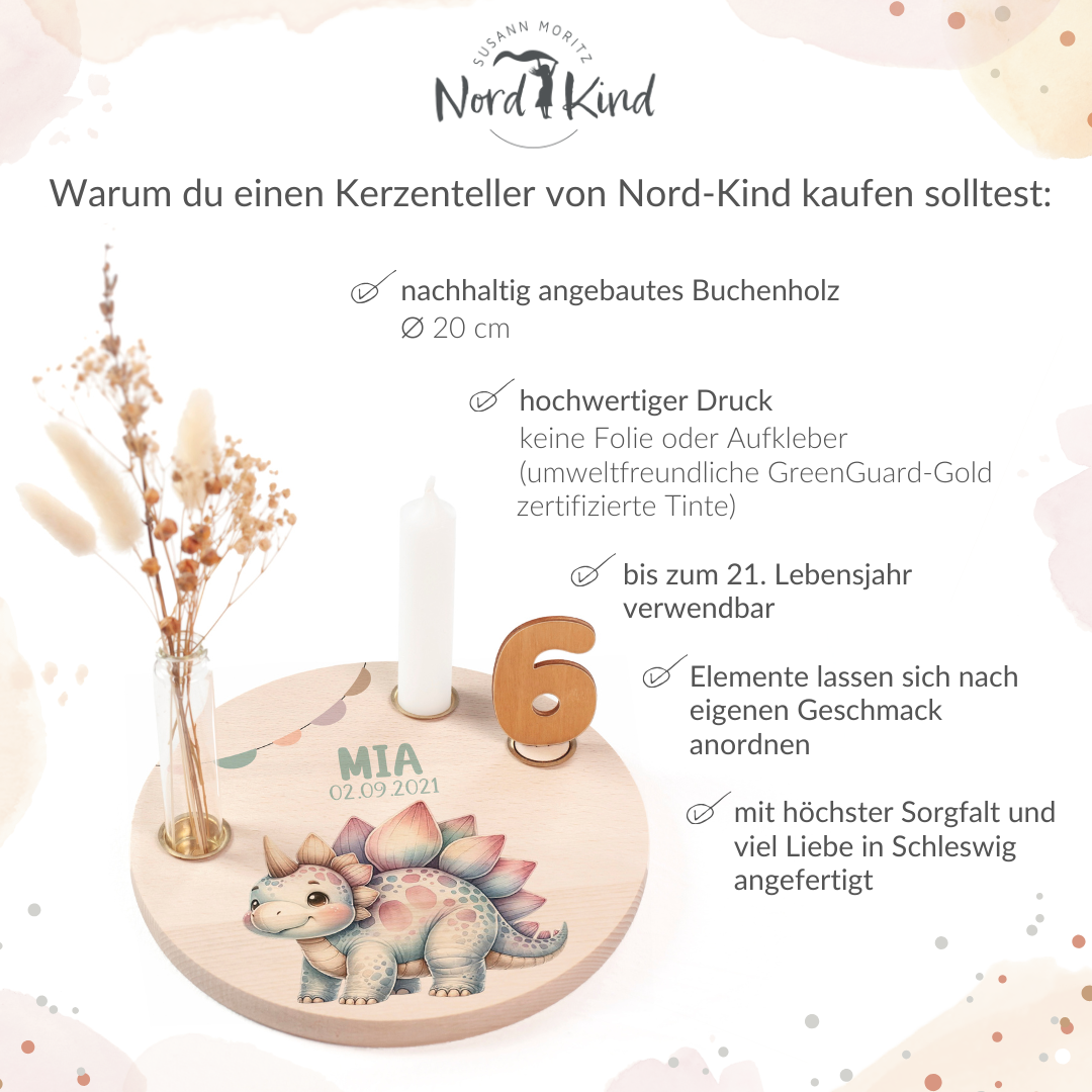 personalisierter Kerzenteller mit Kerze, Vase und Zahlen (Dino 2)