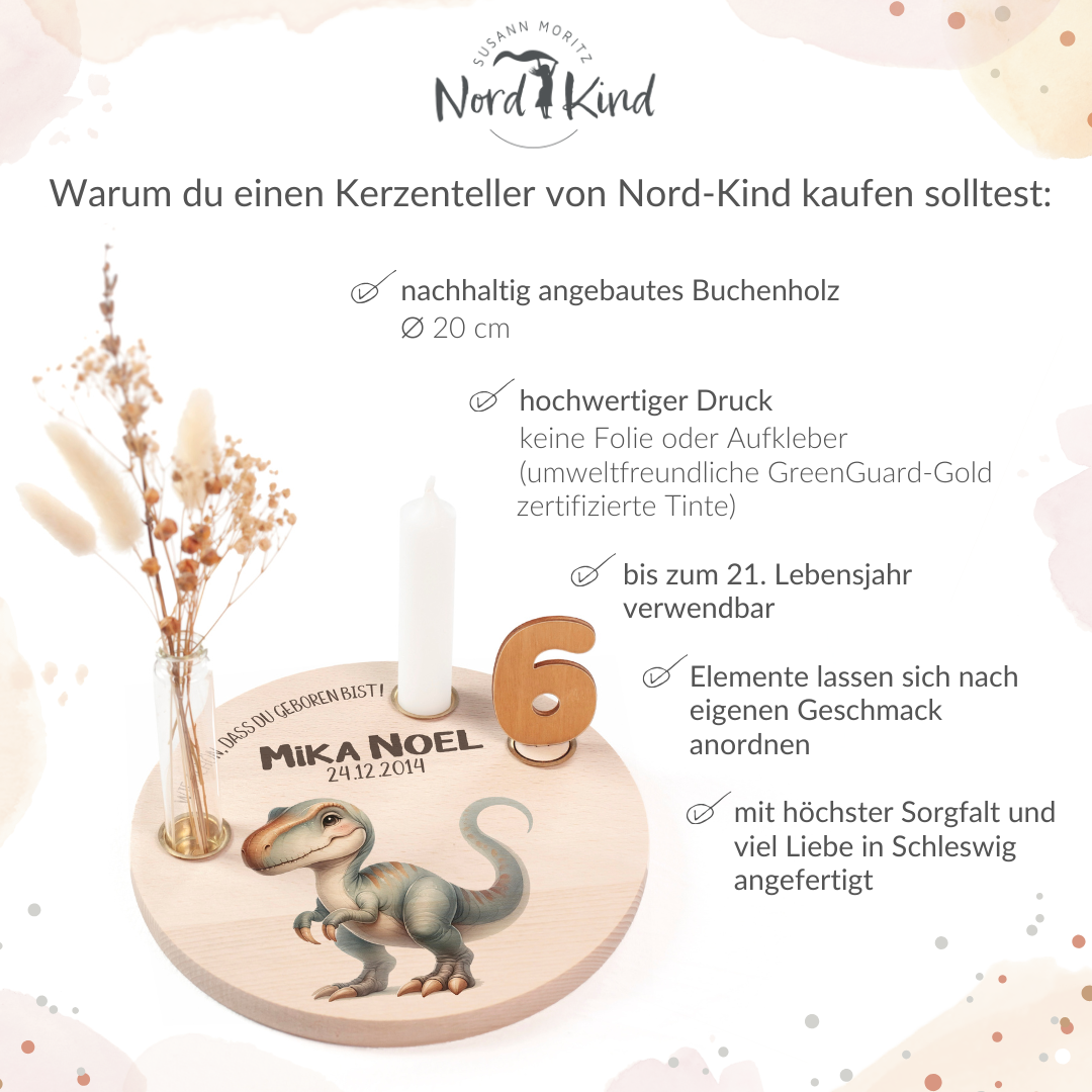 personalisierter Kerzenteller mit Kerze, Vase und Zahlen (Dino 3)