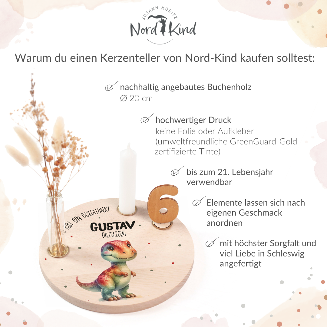 personalisierter Kerzenteller mit Kerze, Vase und Zahlen (Dino 4)