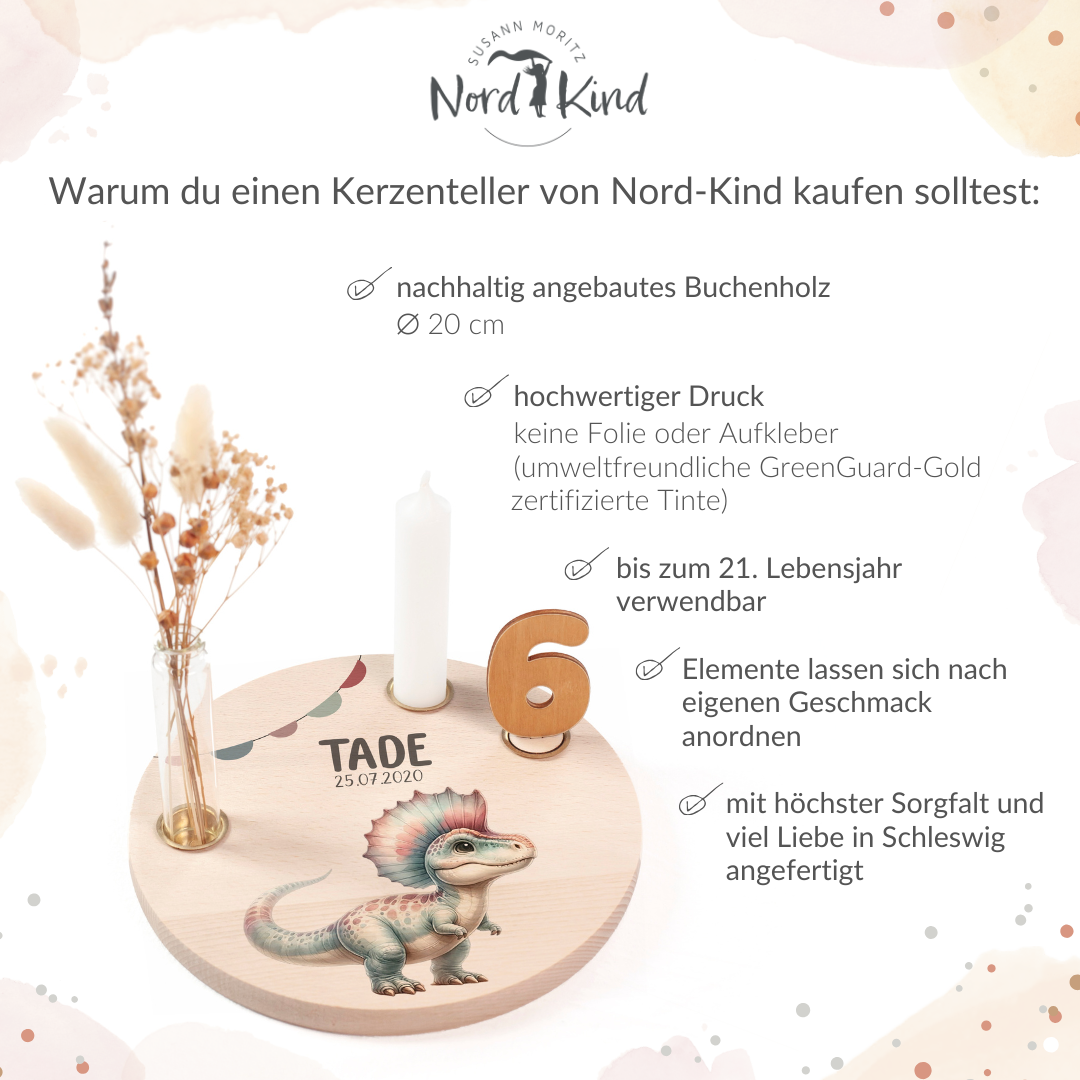 personalisierter Kerzenteller mit Kerze, Vase und Zahlen (Dino 5)