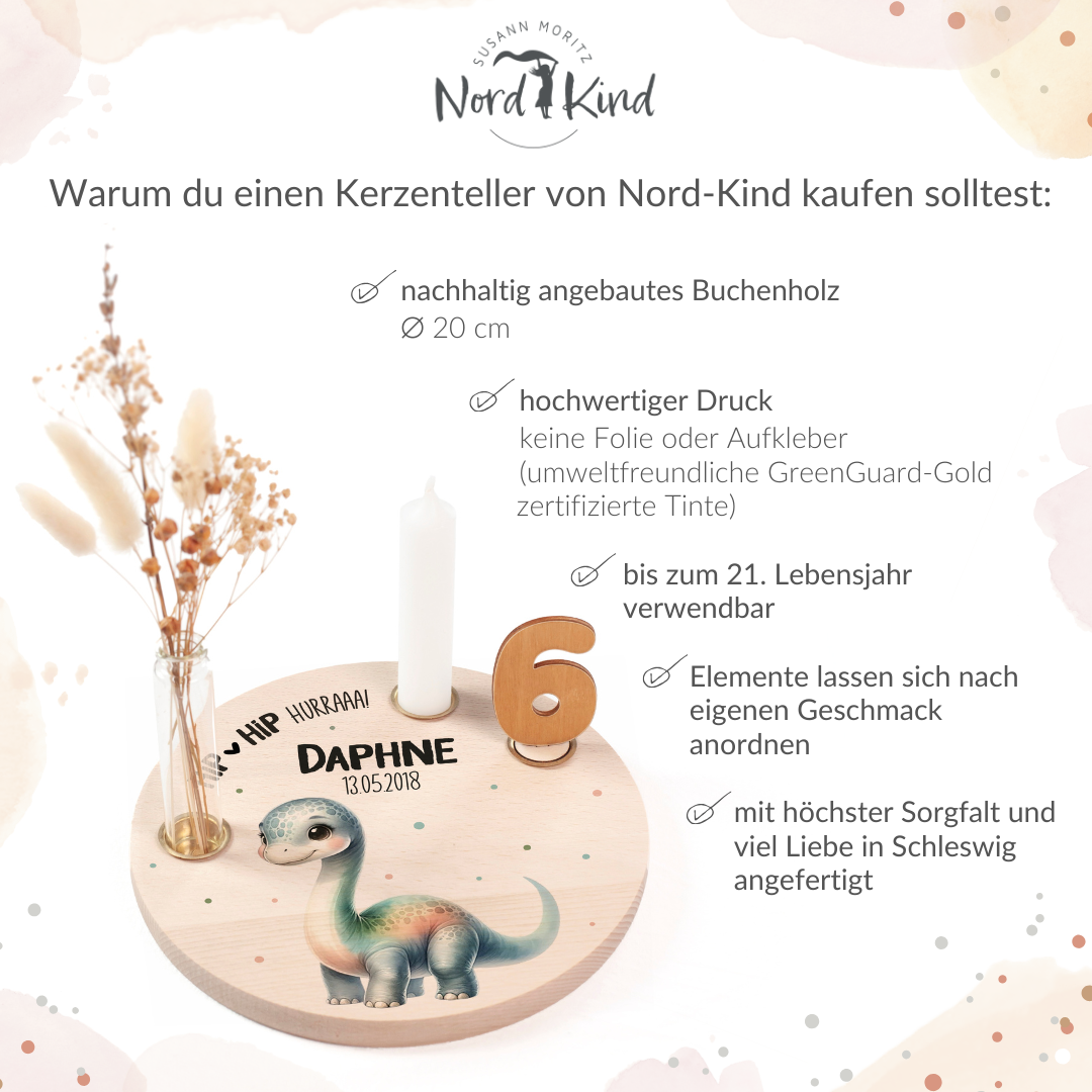personalisierter Kerzenteller mit Kerze, Vase und Zahlen (Dino 7)