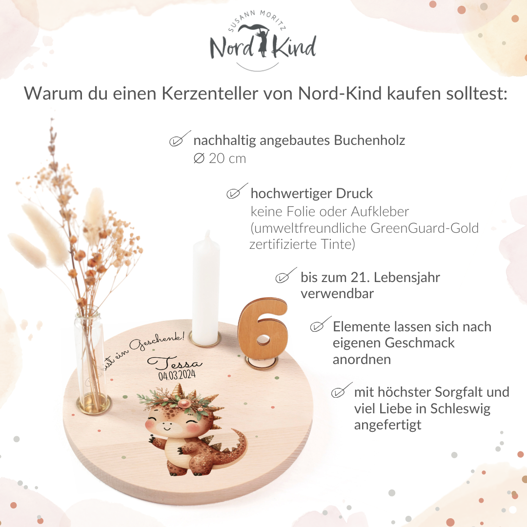 personalisierter Kerzenteller mit Kerze, Vase und Zahlen (Dino 9)
