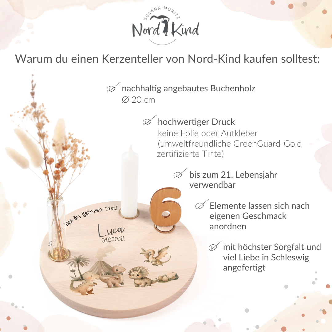 personalisierter Kerzenteller mit Kerze, Vase und Zahlen (Dinowelt)