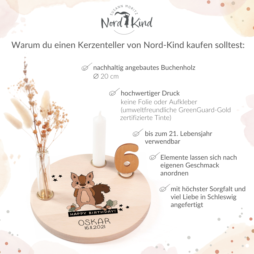 personalisierter Kerzenteller mit Kerze, Vase und Zahlen (Eichhörnchen)