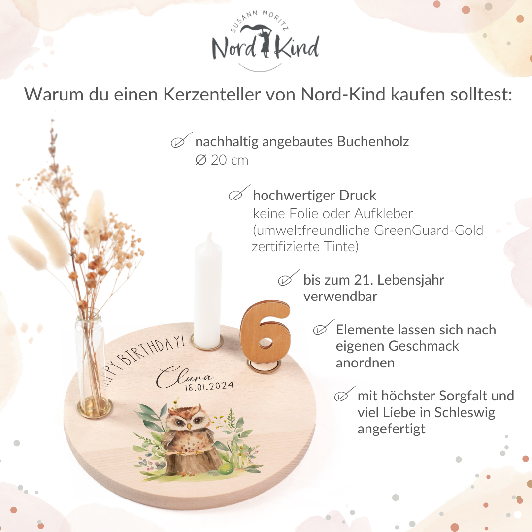 personalisierter Kerzenteller mit Kerze, Vase und Zahlen (Eule 2)