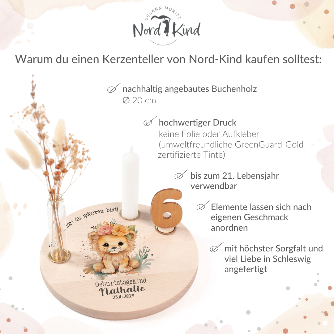personalisierter Kerzenteller mit Kerze, Vase und Zahlen (Löwe 5)