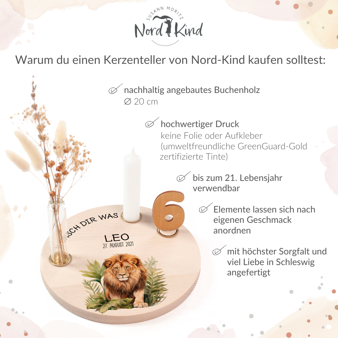 personalisierter Kerzenteller mit Kerze, Vase und Zahlen (Löwe 7)