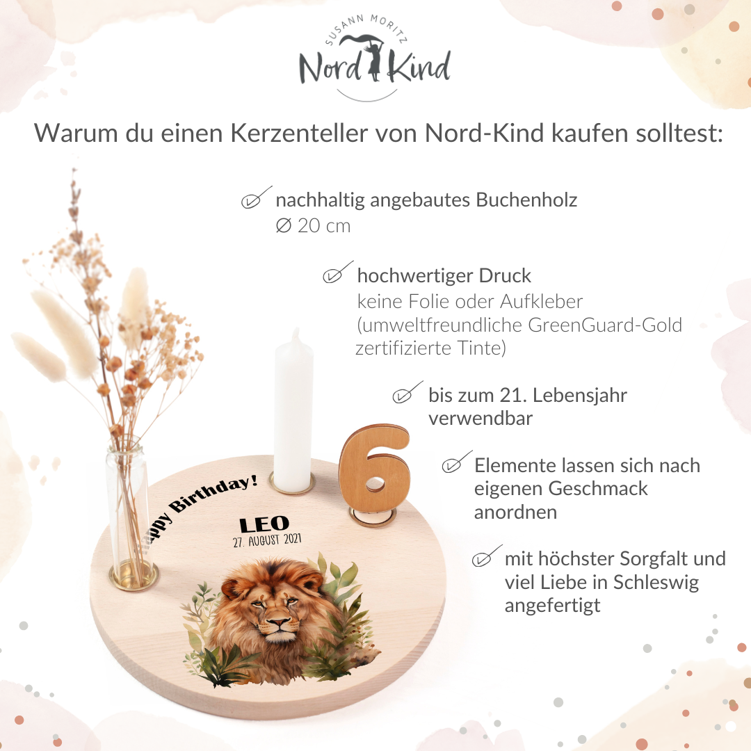 personalisierter Kerzenteller mit Kerze, Vase und Zahlen (Löwe 8)