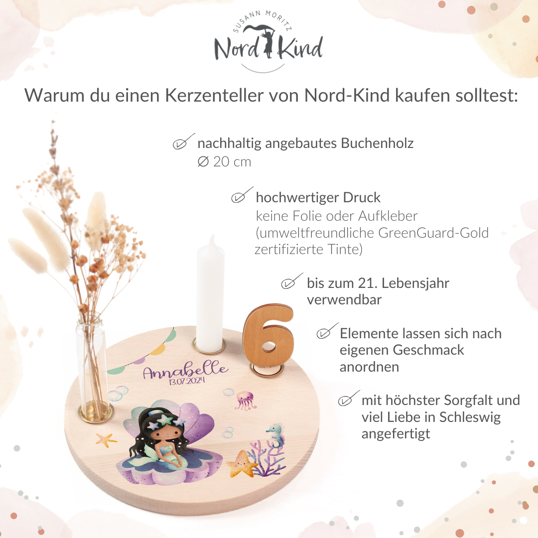 personalisierter Kerzenteller mit Kerze, Vase und Zahlen (Meerjungfrau 1)