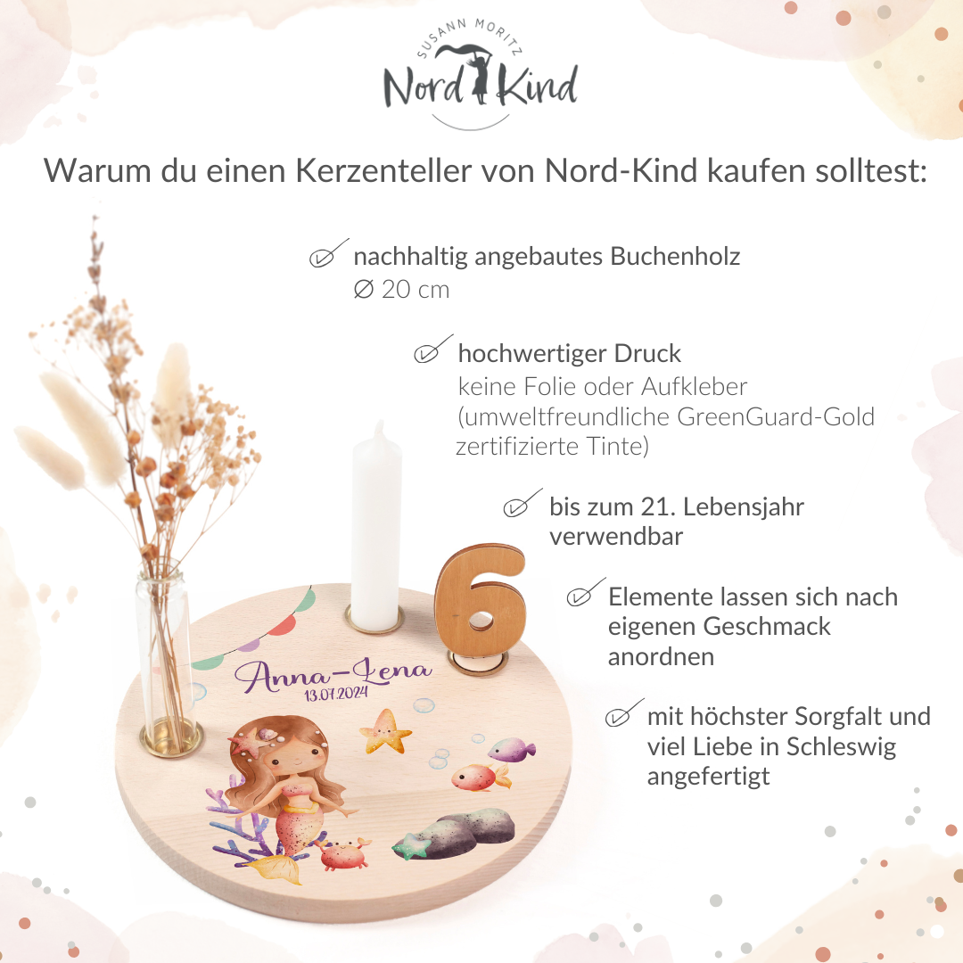 personalisierter Kerzenteller mit Kerze, Vase und Zahlen (Meerjungfrau 2)