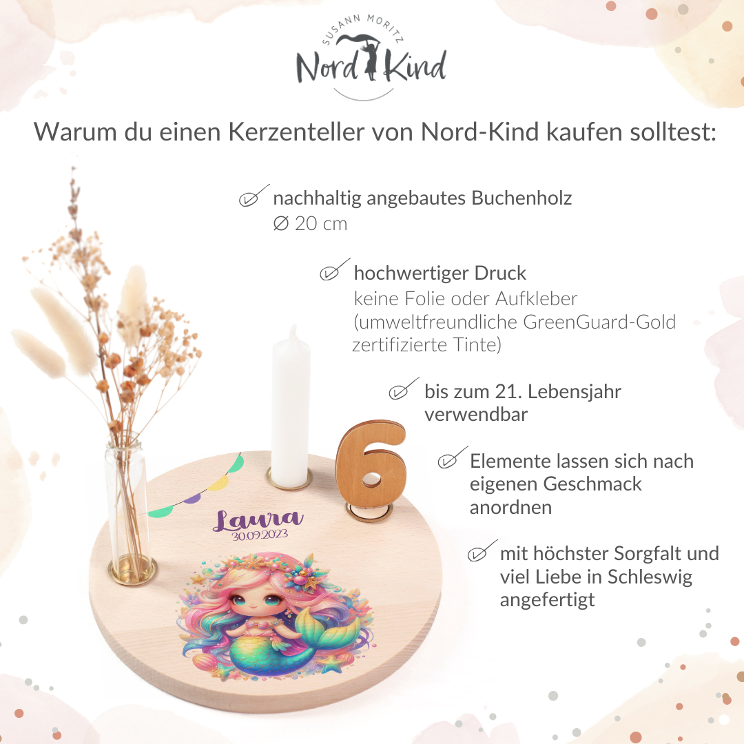personalisierter Kerzenteller mit Kerze, Vase und Zahlen (Meerjungfrau 3)